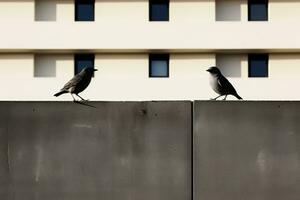 dois pássaros sentado em a Beira do uma parede dentro frente do uma construção generativo ai foto