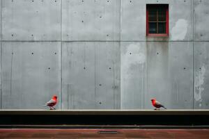 dois vermelho pássaros sentado em uma borda dentro frente do uma construção generativo ai foto