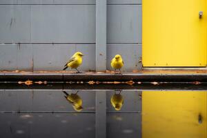 dois amarelo pássaros em pé em a lado do uma construção generativo ai foto