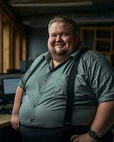 uma gordo homem dentro uma camisa e suspensórios em pé dentro frente do uma computador generativo ai foto