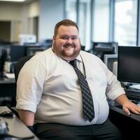 uma gordo homem sentado às uma escrivaninha dentro a escritório generativo ai foto