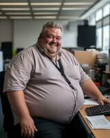 uma gordo homem sentado às uma escrivaninha generativo ai foto