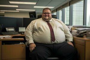 uma gordo homem sentado dentro a escritório cadeira generativo ai foto