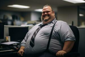 uma gordo homem sentado dentro a escritório com uma gravata e suspensórios generativo ai foto