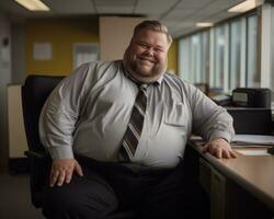 uma gordo homem sentado dentro a escritório generativo ai foto