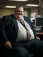 uma gordo homem sentado em uma cadeira generativo ai foto