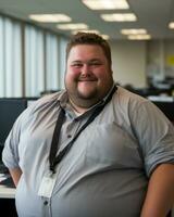 uma homem dentro uma cinzento camisa em pé dentro frente do uma computador generativo ai foto