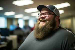 uma homem com uma barba e óculos sorridente dentro a escritório generativo ai foto