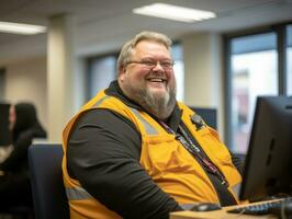 uma sorridente homem dentro a laranja colete sentado às uma computador generativo ai foto