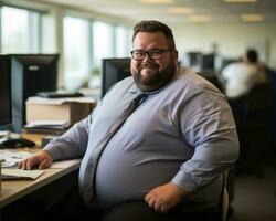 uma gordo homem sentado às uma escrivaninha dentro a escritório generativo ai foto