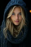 uma lindo Loiras mulher dentro uma Preto suéter e cachecol generativo ai foto