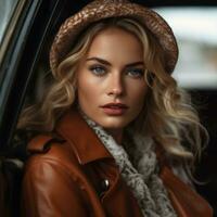 uma lindo Loiras mulher dentro uma Castanho chapéu sentado dentro a costas assento do uma carro generativo ai foto