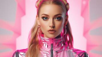 uma lindo Loiras mulher dentro uma brilhante Rosa equipamento generativo ai foto