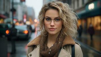 uma lindo Loiras mulher com óculos em pé dentro a meio do uma cidade rua generativo ai foto
