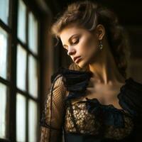 uma lindo mulher dentro uma Preto vestir olhando Fora a janela generativo ai foto