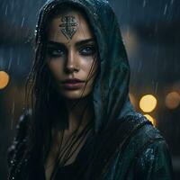 uma lindo mulher dentro a chuva com uma de capuz em generativo ai foto
