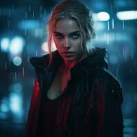 uma lindo mulher dentro a chuva às noite generativo ai foto