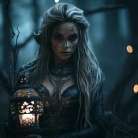 uma lindo mulher com grandes Loiras cabelo segurando uma lanterna dentro a madeiras generativo ai foto