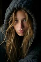 uma lindo jovem mulher dentro uma cinzento moletom com capuz generativo ai foto