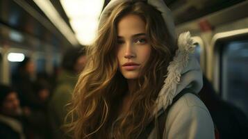 uma lindo jovem mulher dentro uma moletom com capuz em uma metrô generativo ai foto