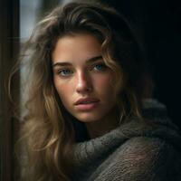 uma lindo jovem mulher dentro uma suéter olhando Fora a janela generativo ai foto