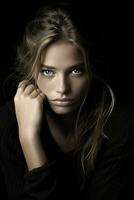 uma lindo jovem mulher com azul olhos posando dentro frente do uma Preto fundo generativo ai foto