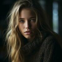 uma lindo jovem mulher com grandes cabelo dentro uma suéter generativo ai foto