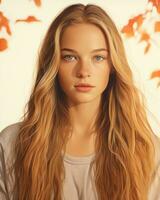 uma lindo jovem mulher com grandes cabelo dentro frente do outono folhas generativo ai foto