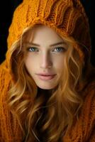 uma lindo jovem mulher com grandes vermelho cabelo vestindo a laranja suéter generativo ai foto