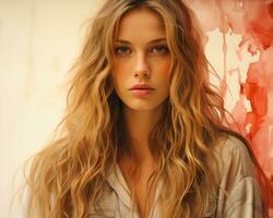 uma lindo jovem mulher com grandes ondulado cabelo generativo ai foto