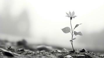 uma Preto e branco foto do uma solteiro flor dentro a meio do uma campo generativo ai