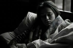uma Preto e branco foto do uma mulher dormindo dentro cama generativo ai