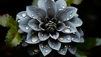 uma Preto flor com água gotas em isto generativo ai foto