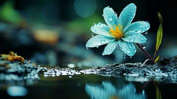 uma azul flor com água gotas em isto é refletido dentro a água generativo ai foto