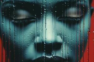 uma fechar acima do uma mulher face com chuva gotas em isto generativo ai foto