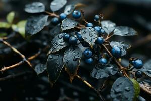 uma fechar acima do azul bagas com água gotas em eles generativo ai foto