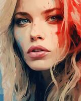 uma digital pintura do uma mulher com azul olhos e vermelho cabelo generativo ai foto
