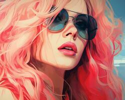 uma digital pintura do uma mulher com Rosa cabelo e oculos de sol generativo ai foto