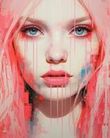uma digital pintura do uma mulher com Rosa cabelo generativo ai foto