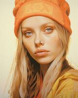 uma digital pintura do uma jovem mulher vestindo a laranja chapéu generativo ai foto