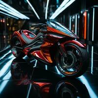 uma futurista motocicleta é mostrando dentro uma Sombrio quarto generativo ai foto
