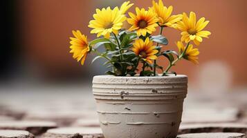 uma flor Panela com amarelo flores sentado em topo do uma tijolo passarela generativo ai foto