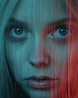 uma menina com azul olhos e vermelho cabelo generativo ai foto