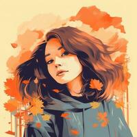 uma menina com grandes cabelo e outono folhas dentro dela cabelo generativo ai foto