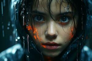 uma menina com molhado cabelo e chuva gotas em dela face generativo ai foto