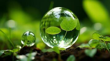 uma vidro esfera com uma verde folha dentro isto generativo ai foto
