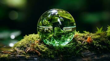 uma verde vidro bola sentado em topo do alguns musgo generativo ai foto