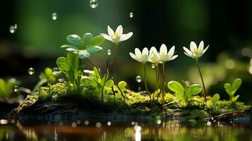 uma grupo do branco flores dentro uma lagoa com água gotas generativo ai foto