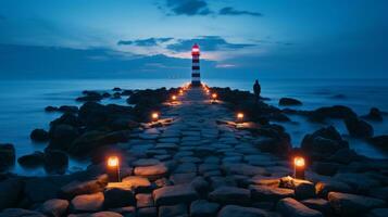 uma farol é aceso acima de velas em a pedras às crepúsculo generativo ai foto