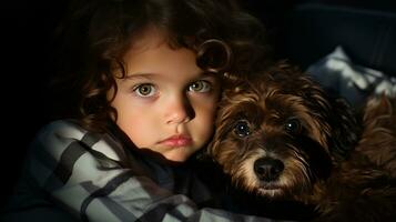 uma pequeno menina e dela cachorro dentro a Sombrio generativo ai foto